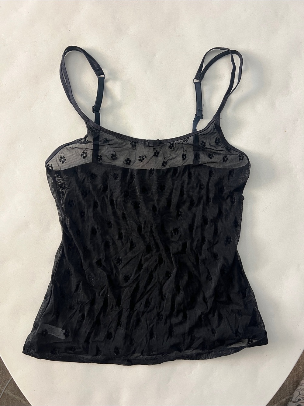 Vintage J. Crew Y2K Burnout Mesh Double Strap Cami Tank Bow Romantic Black M